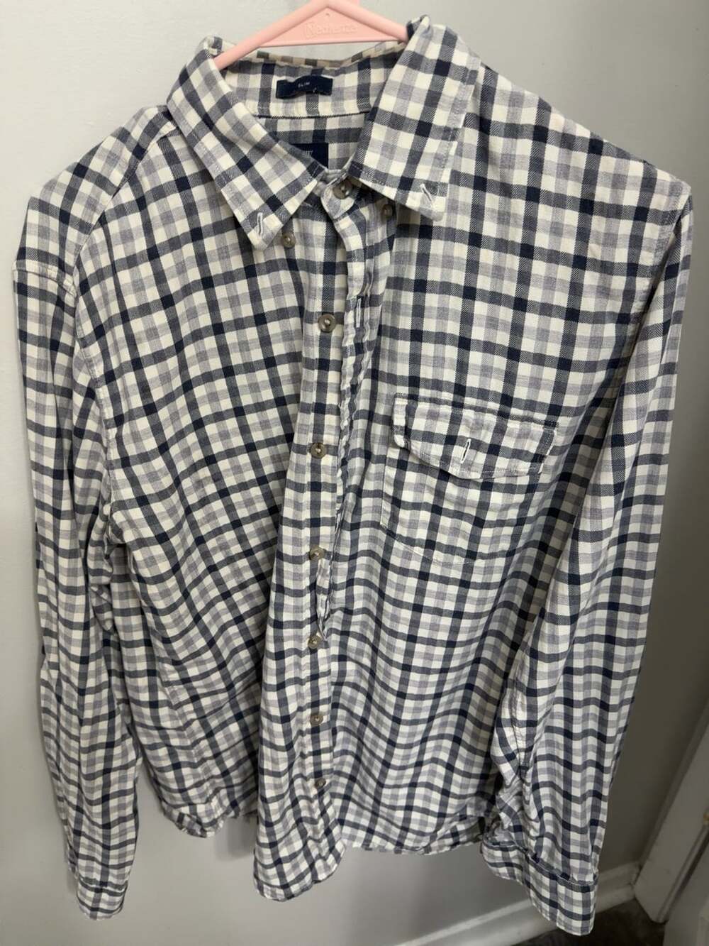 J.Crew Shirt Mens M Slim Brushed Twill Navy White Gingham Plaid Button Down